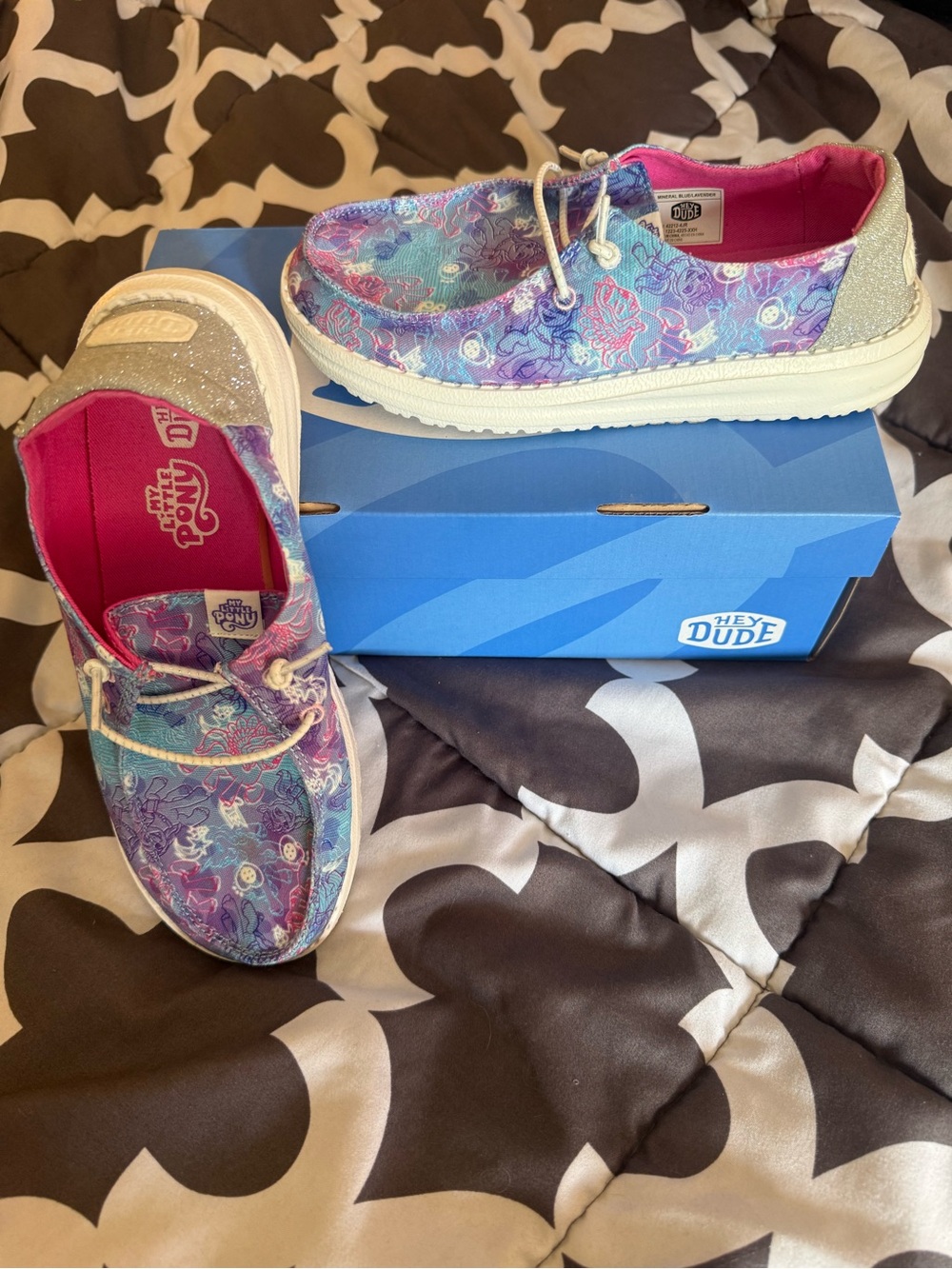 Hey Dude Kids Slip-On Sneakers in Blue, Purple & Pink with Glitter Heel